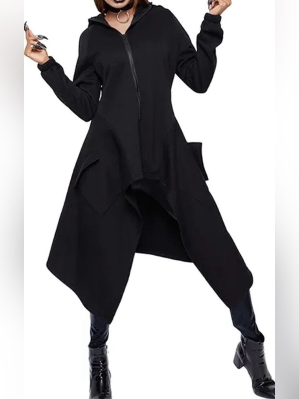 Size Medium Goth Style Asymmetric Zip-Front Hooded Women’s Jacket Dress